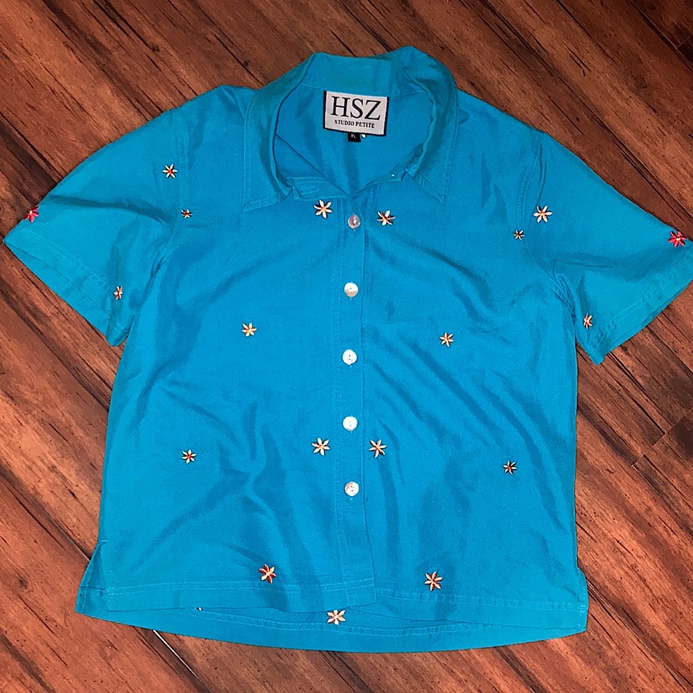 Vintage HSZ Studio Petite Size Large Teal Blue Cotton Floral Embroidered Blouse